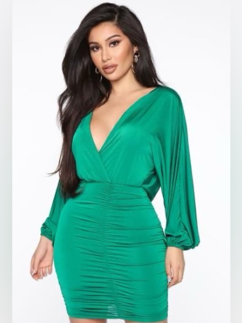 Fashion Nova Emerald Green Long Sleeve Ruched Bodycon Dress
